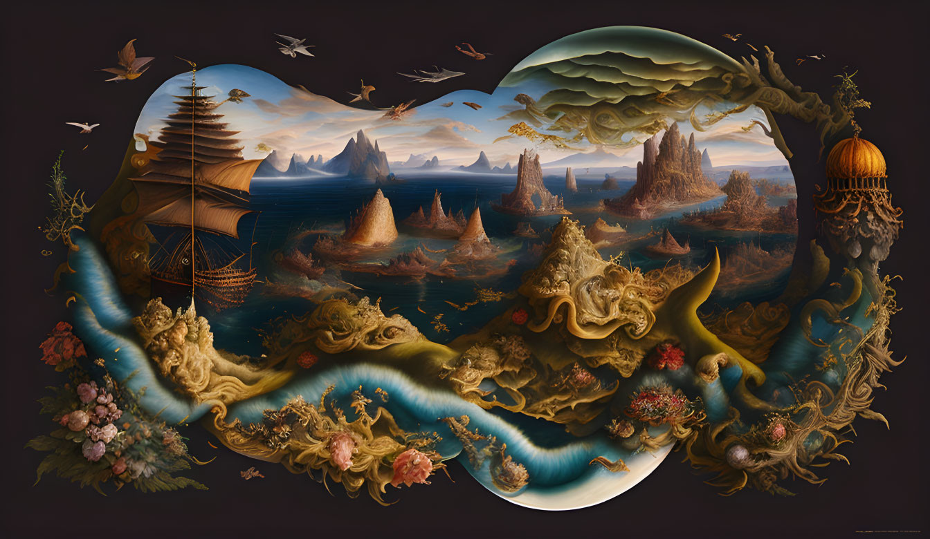 Abstract surreal landscape with ship, creatures, mountains, and floating islands in wavy frame