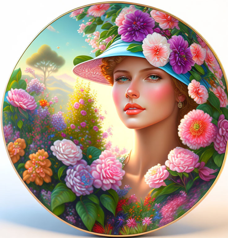 Portrait of woman with floral hat in circular frame surrounded by vibrant flowers