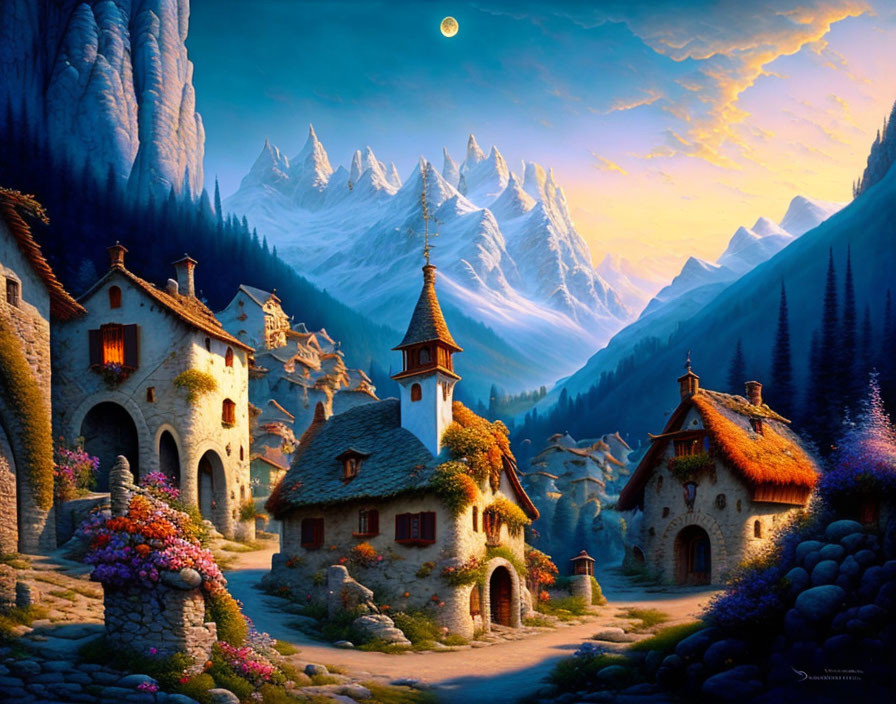 Scenic mountain village at dusk with stone houses and blooming flowers