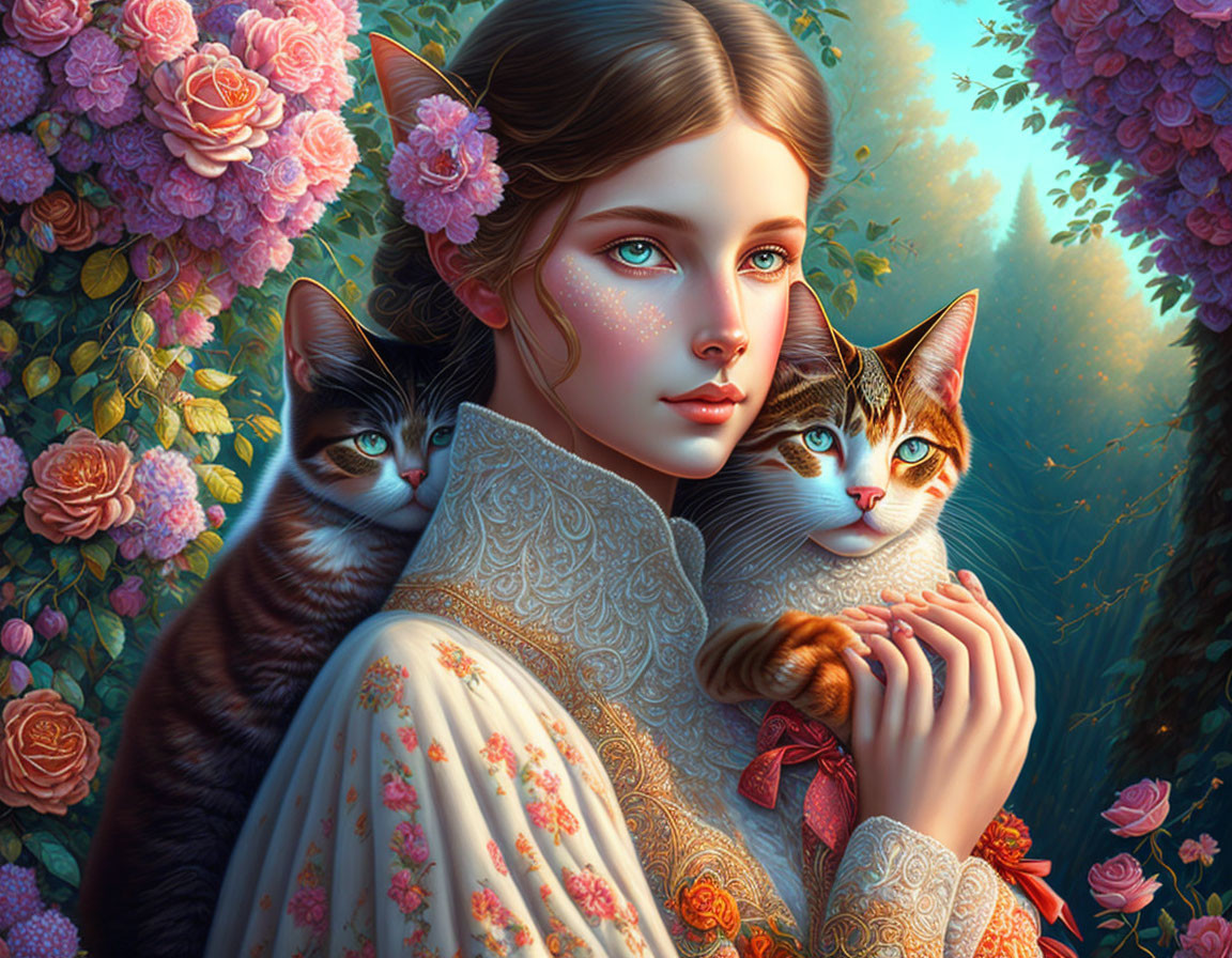 Elf-like woman with cats in flower garden portrait.