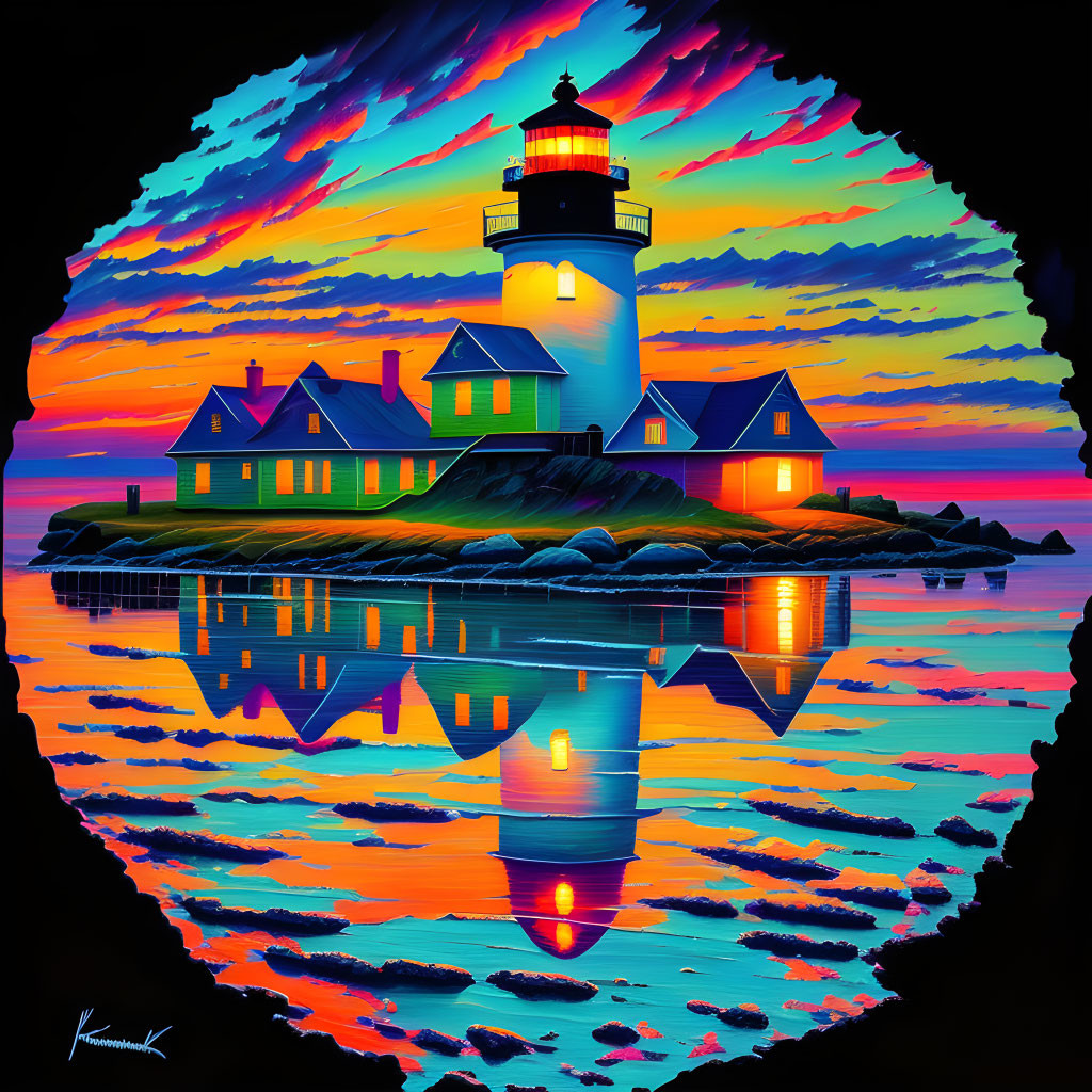 Circular Art: Lighthouse Reflection in Colorful Sunset Sky