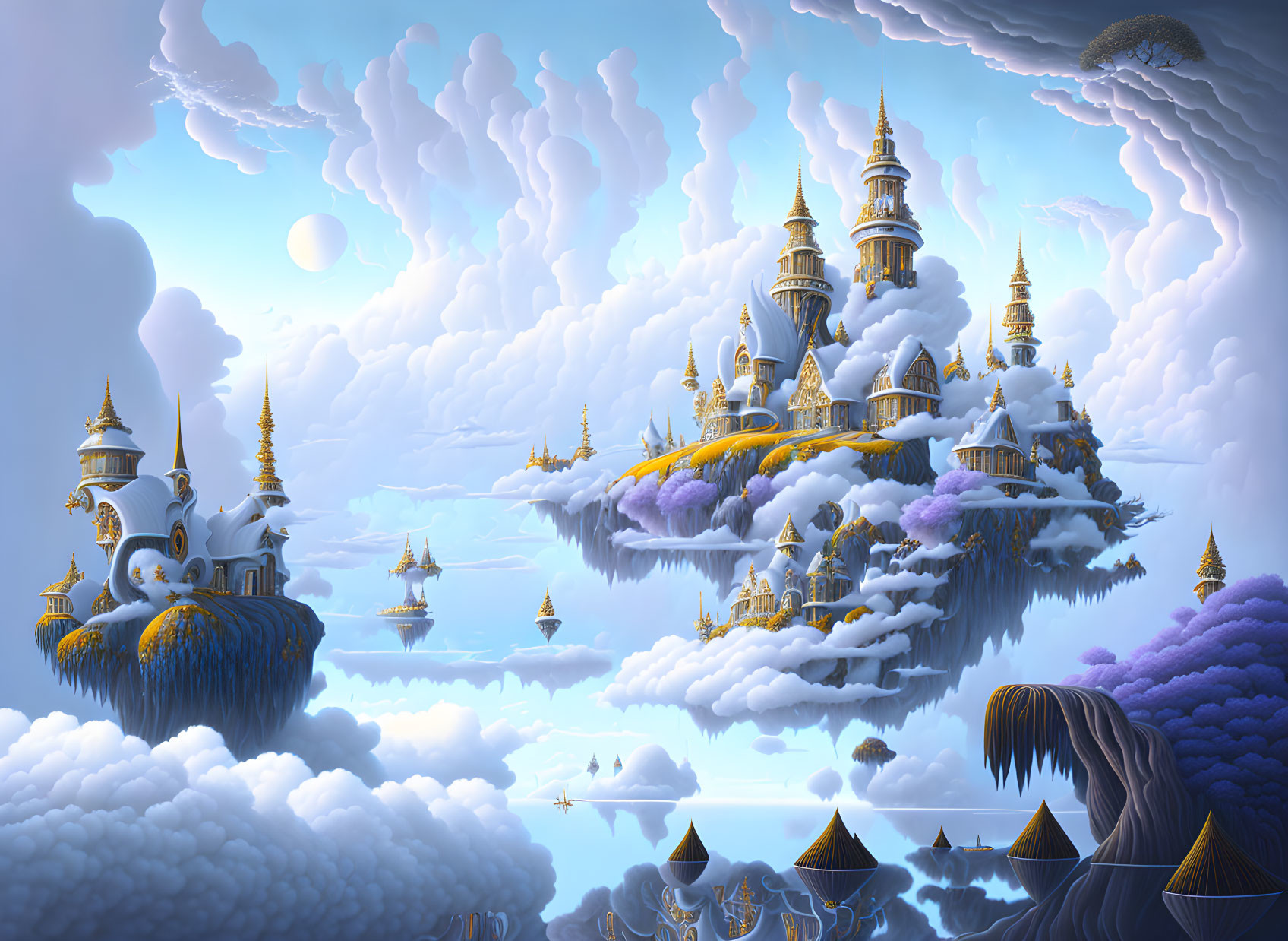 Fantastical Landscape with Floating Islands and Golden Castles