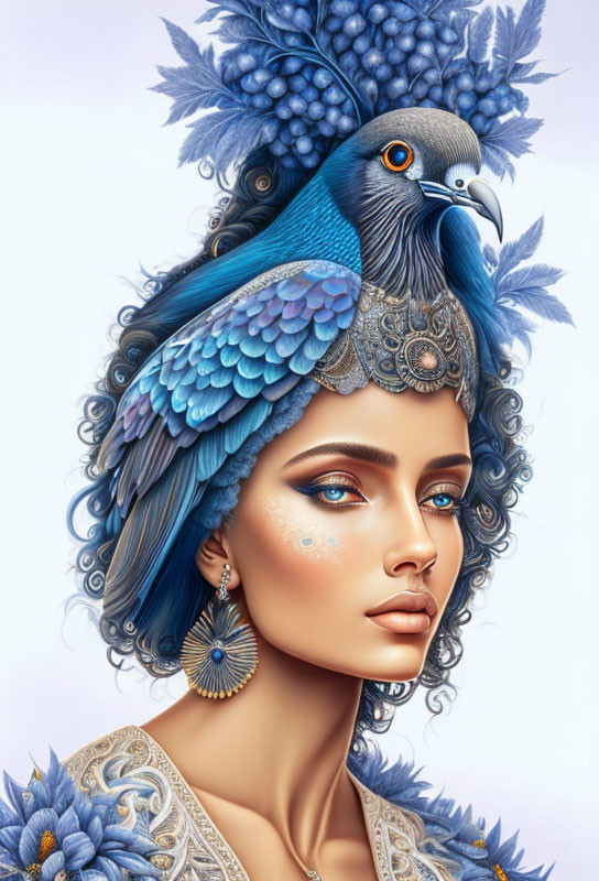 Fantasy illustration of woman with vibrant blue hair and elaborate headpiece.