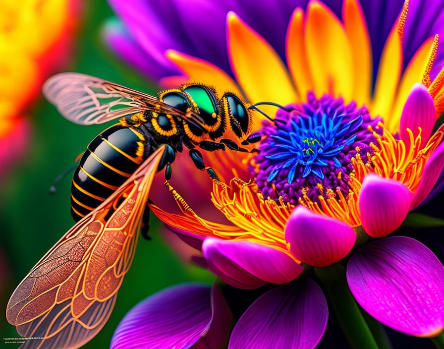 Detailed Close-Up: Bee on Multicolored Flower with Purple Petals