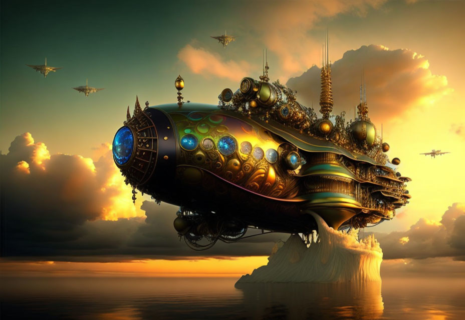 Steampunk airship with intricate details soaring over cloud-covered landscape at sunset.