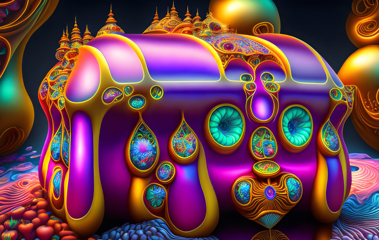 Colorful digital artwork: Surreal structure with mandala patterns in whimsical dreamscape