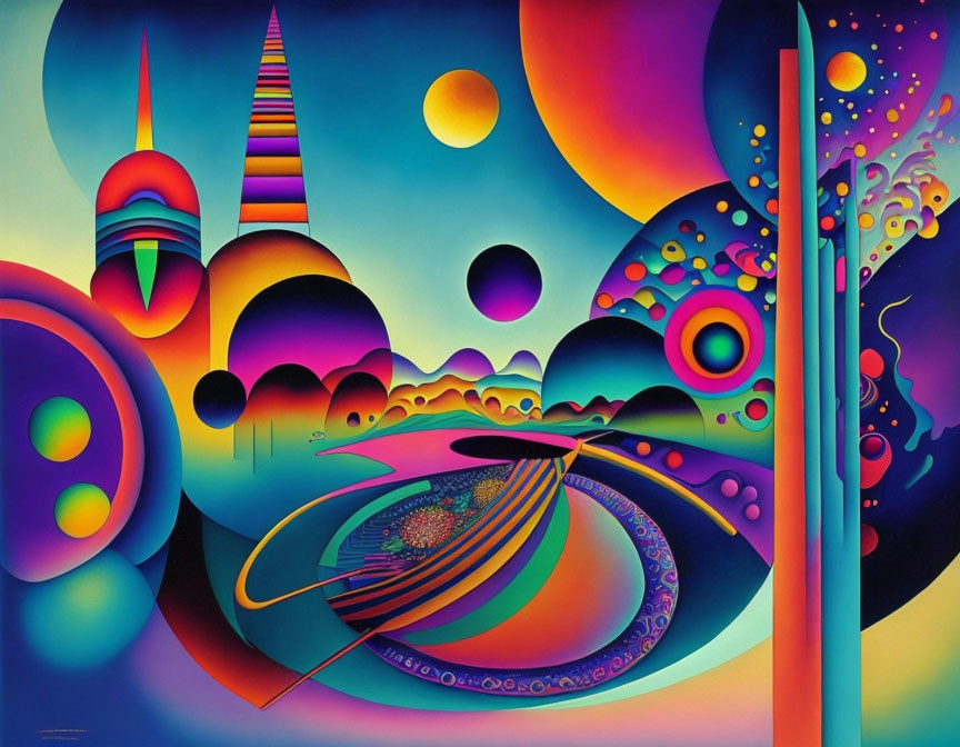 Colorful Abstract Painting with Whimsical Shapes and Fluid Lines