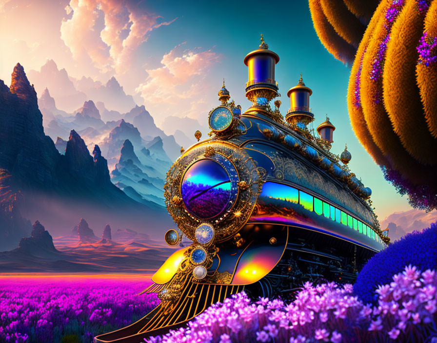 Fantastical golden-accented train in surreal landscape