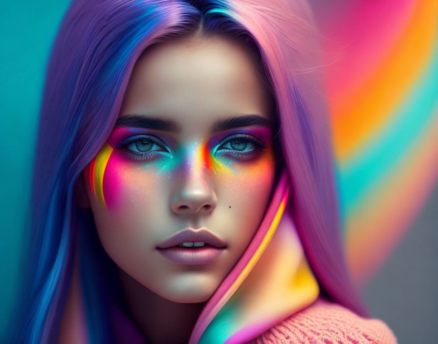 Colorful Rainbow Makeup and Blue-Purple Hair on Turquoise Background