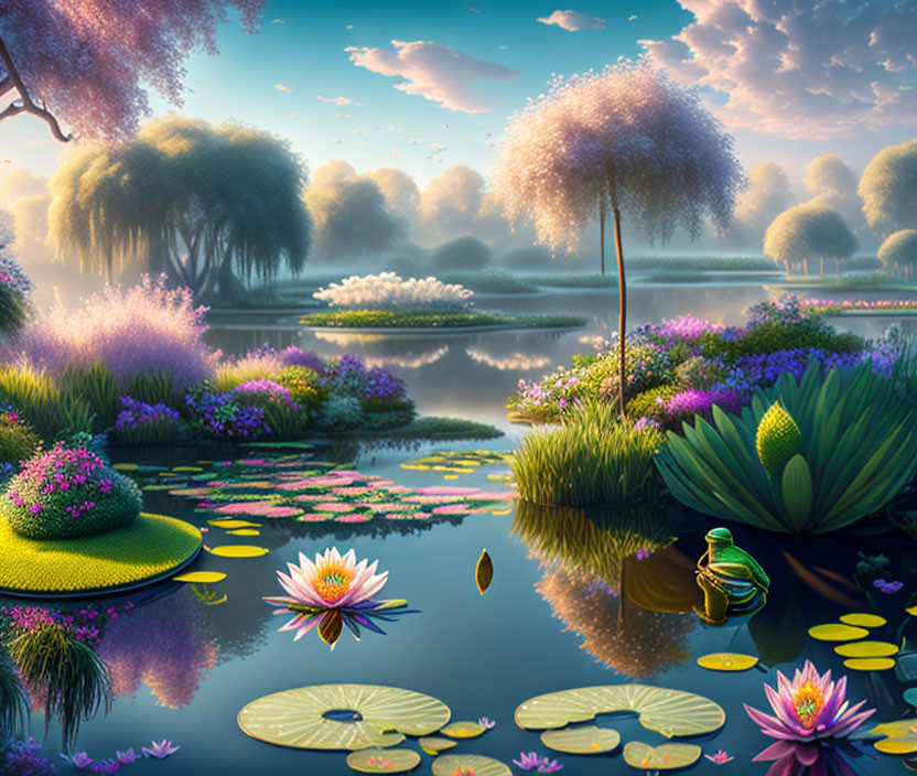 Colorful landscape with lush trees, flowers, water, and lily pads under a hazy sky