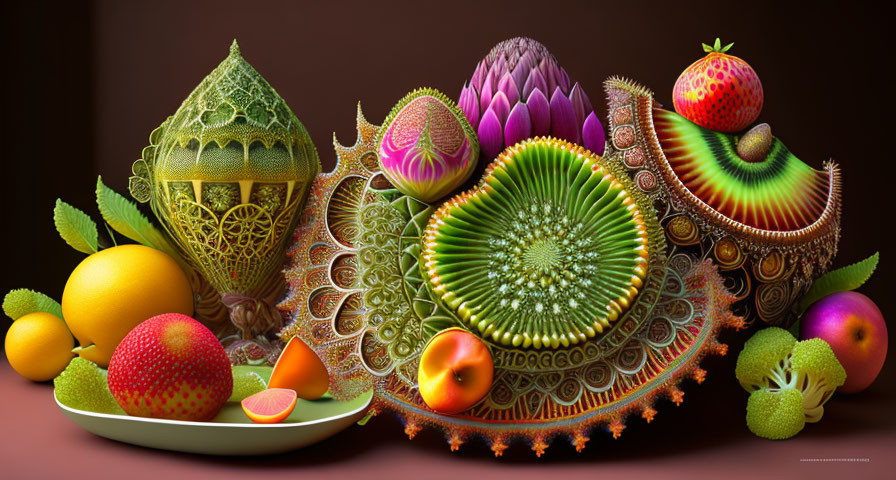 Fantasy-themed digital still life with intricate fruits and vegetables