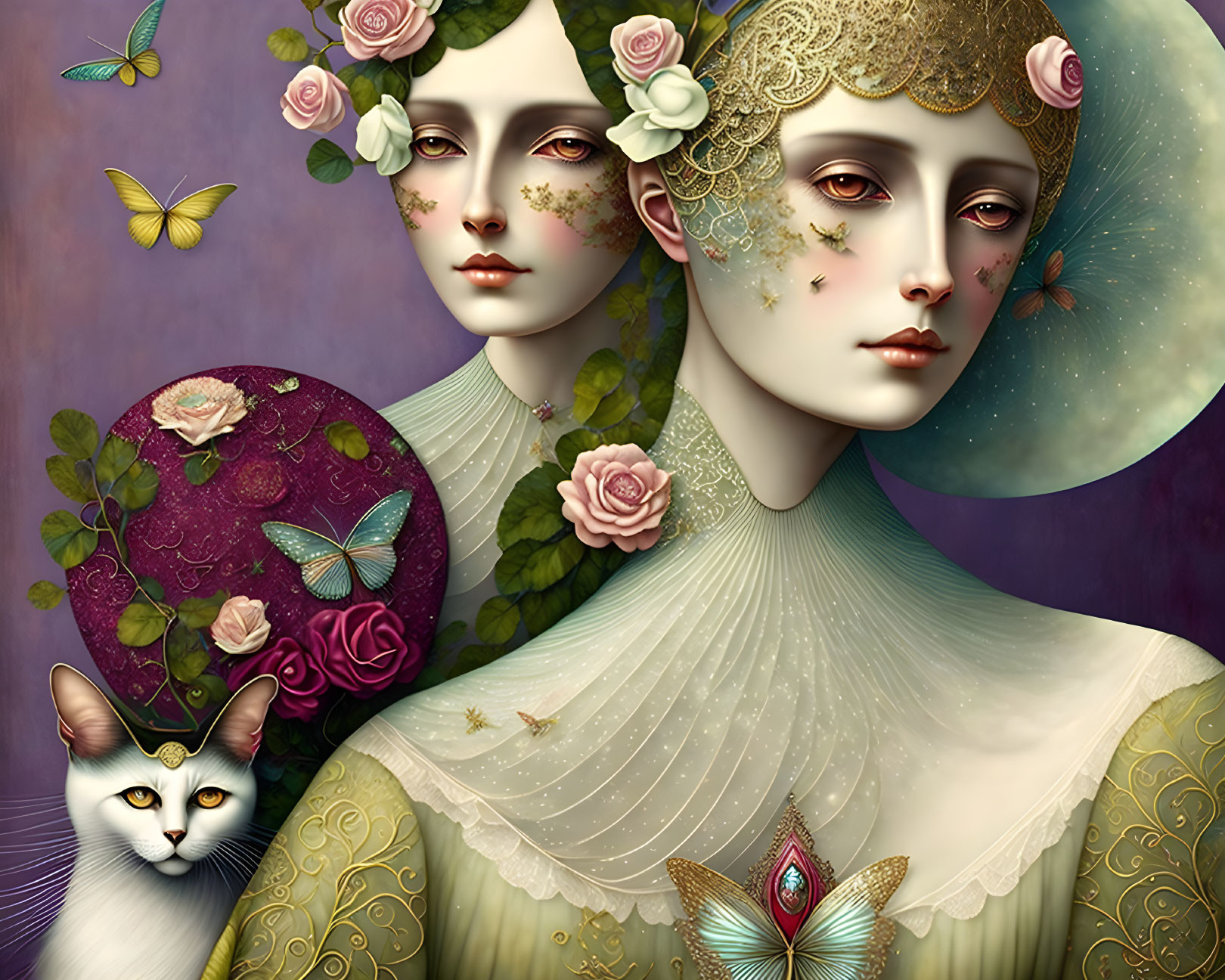 Victorian-style female figures with pastel skin, golden details, roses, cat, and butterflies on