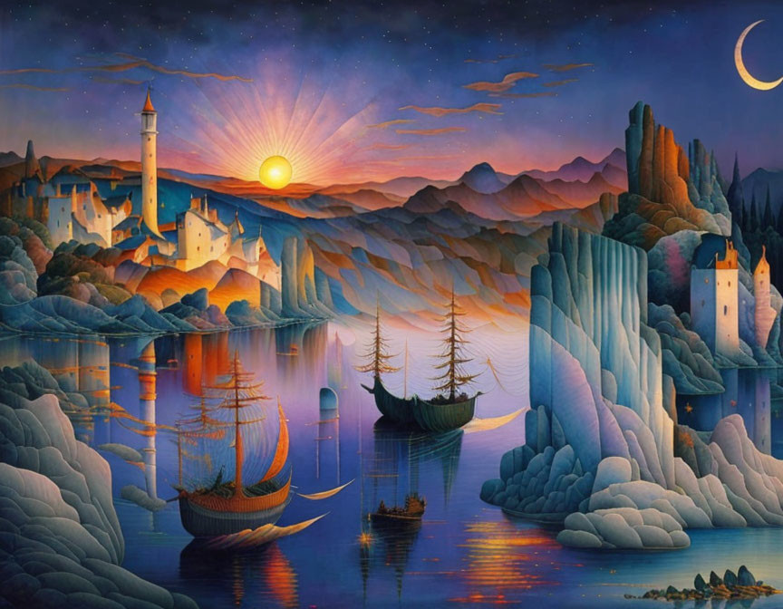 Fantastical sunset landscape with lighthouse, ships, castles, and rock formations