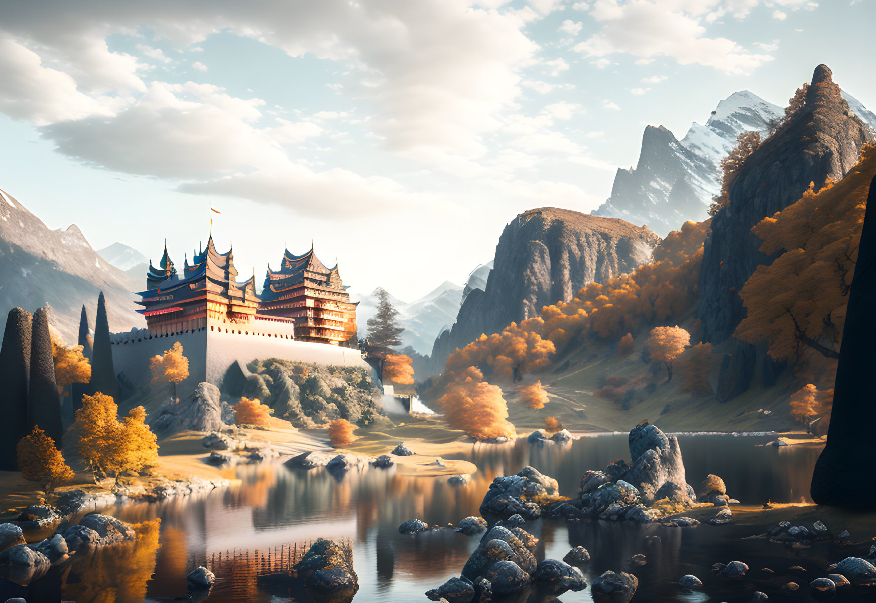 Fantasy landscape with castle, autumn trees, tranquil waters & hazy sky