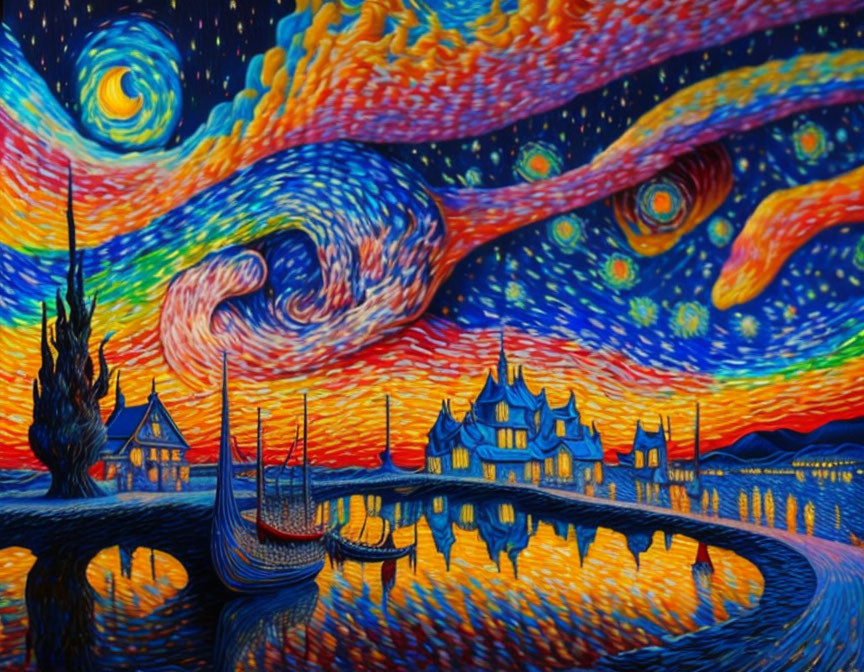 Stylized painting of swirling night sky and reflective river