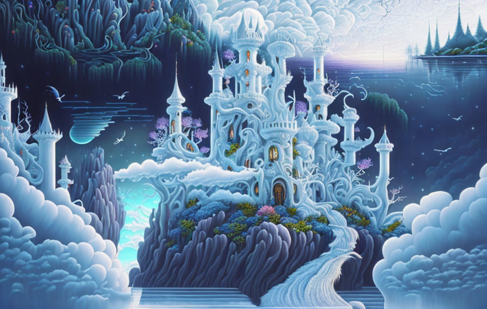 Fantastical icy castle in mystical forest scenery