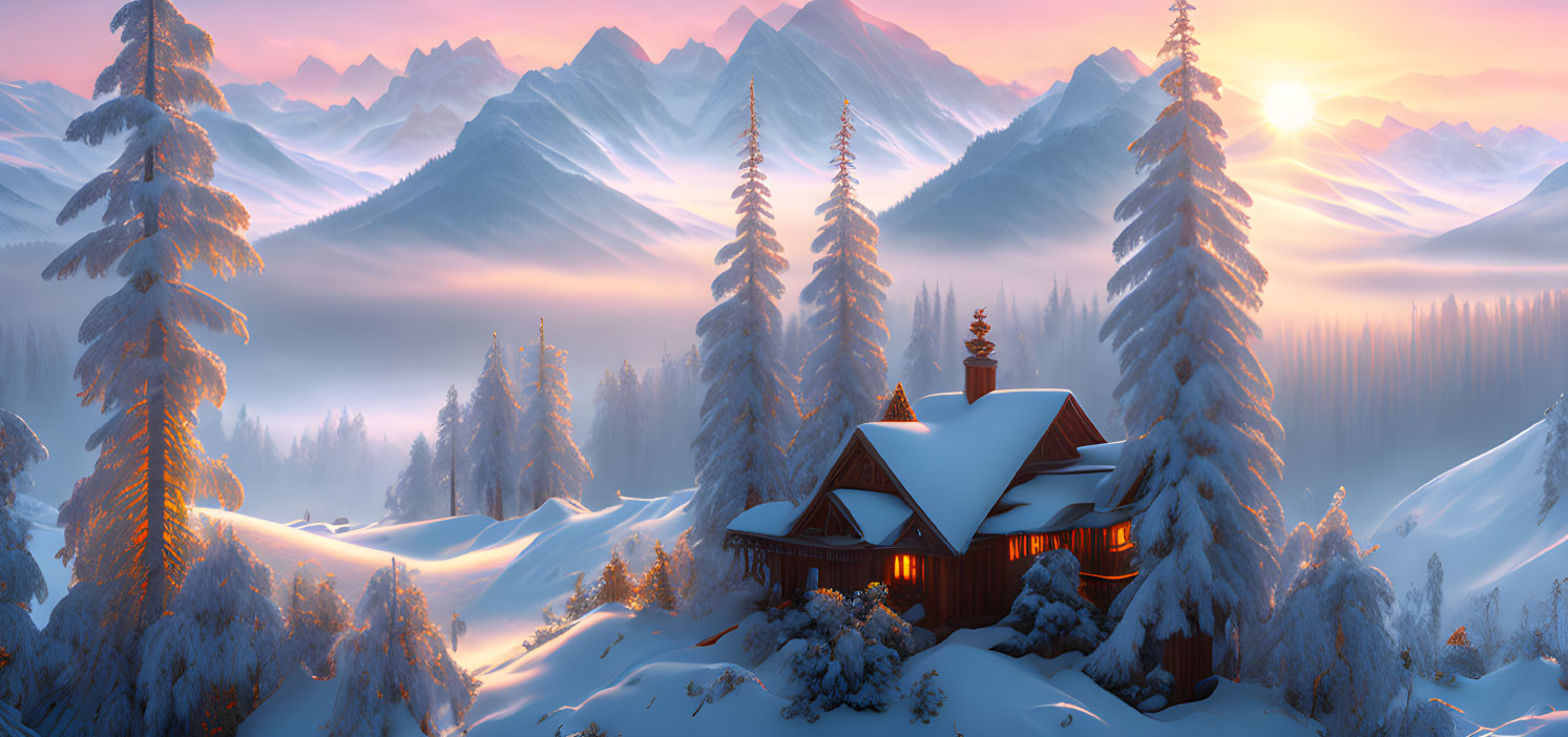 Snowy cabin in serene winter landscape at sunrise