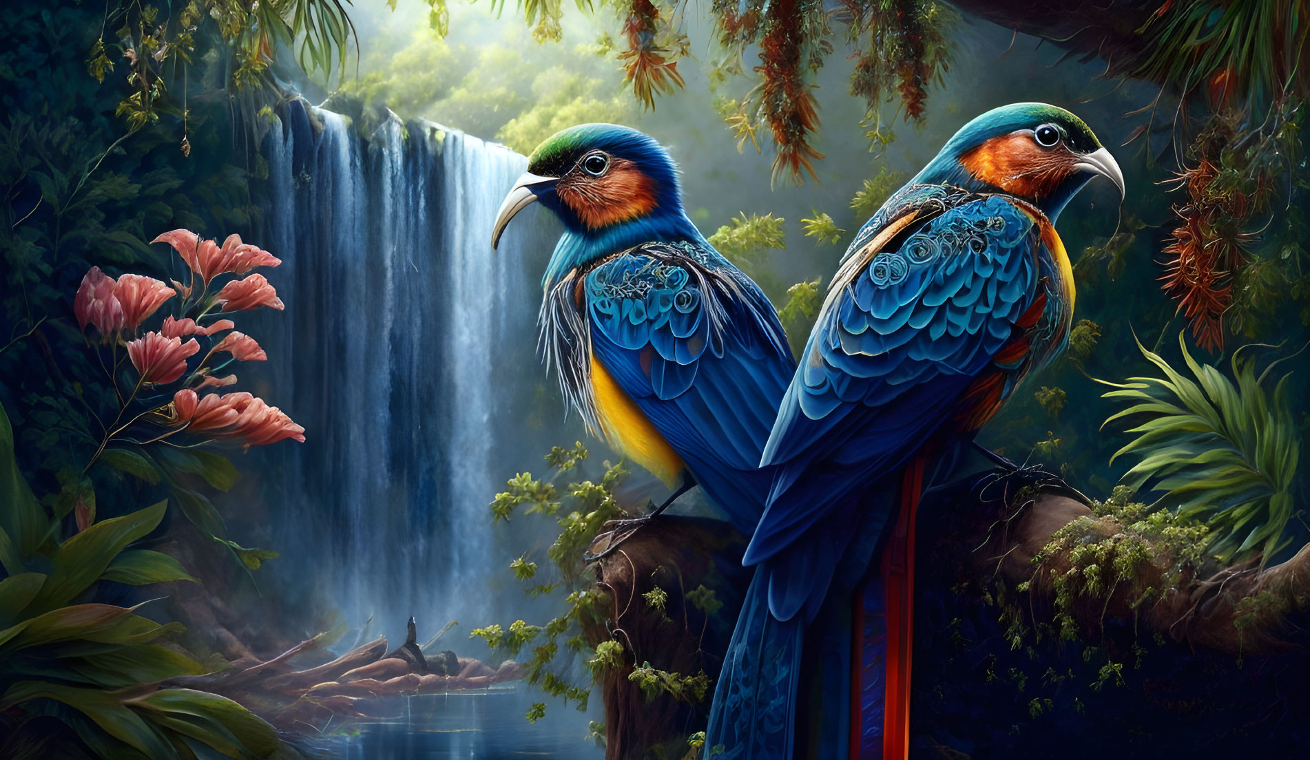 Colorful Birds by Waterfall in Lush Setting