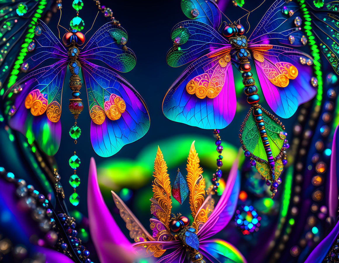 Colorful jewel-toned dragonflies in intricate detail on dark background.