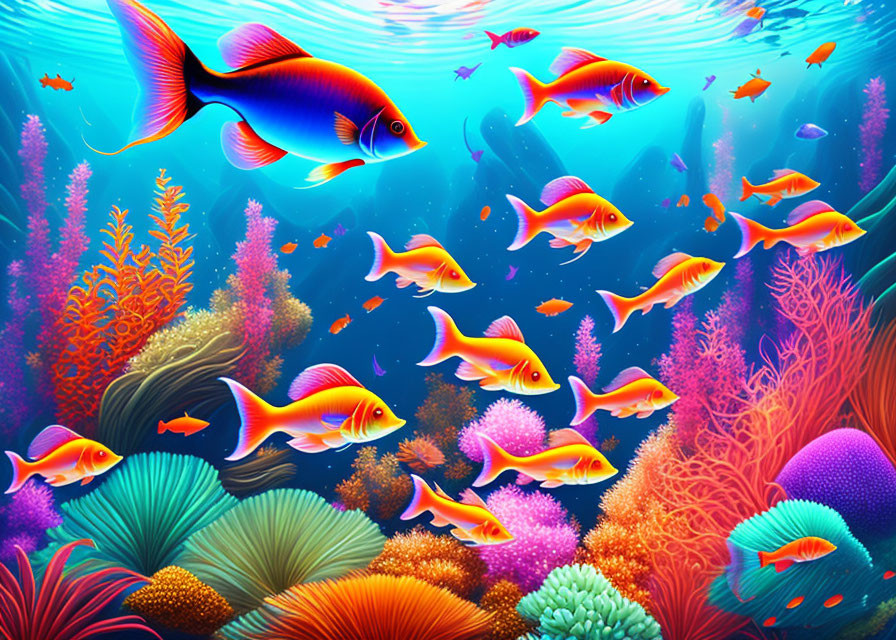 Colorful Coral, Fish, and Marine Plants in Vibrant Underwater Scene