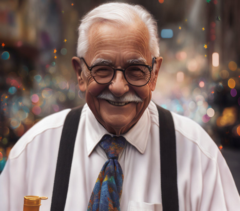 Elderly man in glasses, suspenders, and colorful tie in urban setting.