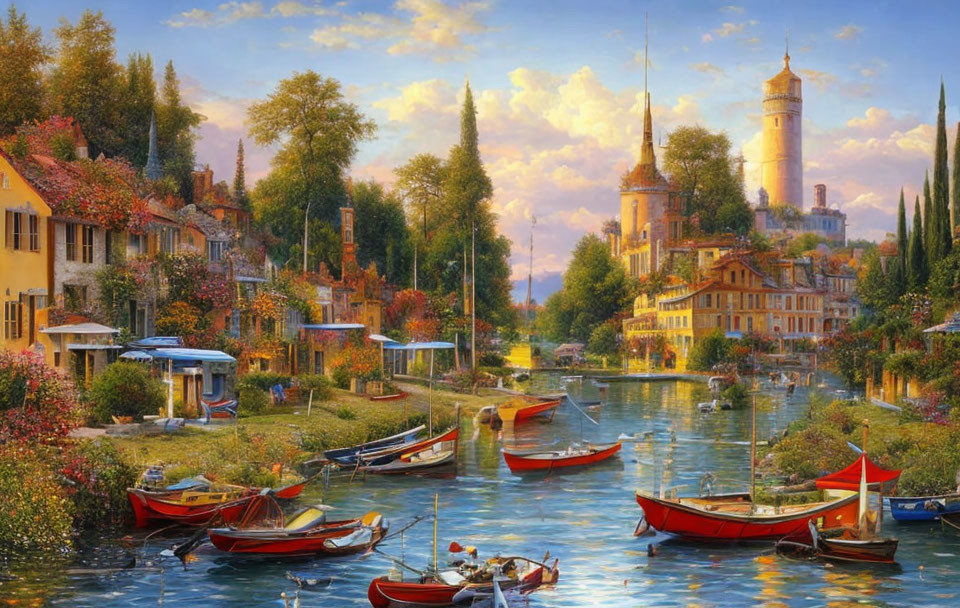 Tranquil river scene with moored boats, colorful buildings, lush greenery, and distant tower