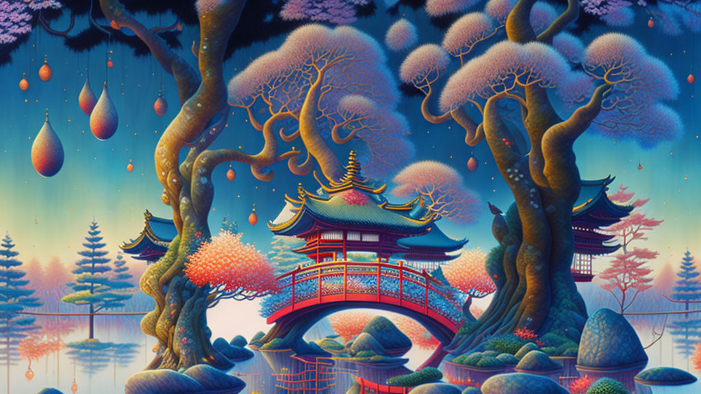 Colorful Asian temple scene with mystical trees and mountains