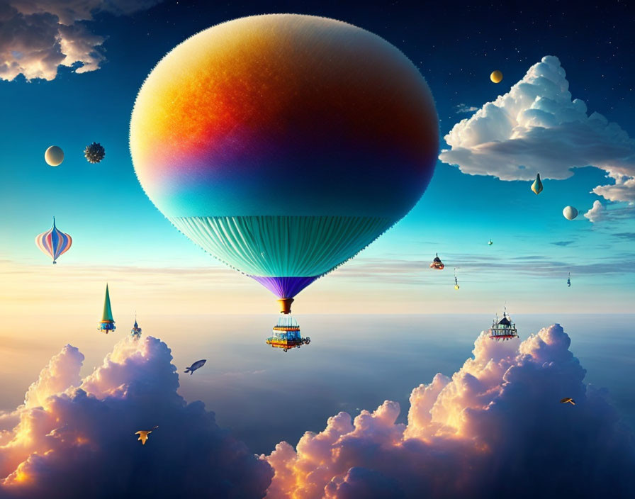 Colorful hot air balloons in a dreamlike sky with multiple moons and birds.