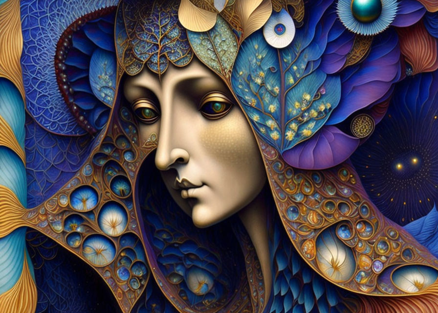 Colorful digital artwork: Surreal female face with intricate feather and celestial motifs