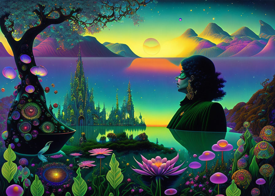 Vibrant surreal landscape with woman's silhouette, flora, wildlife, whimsical tree