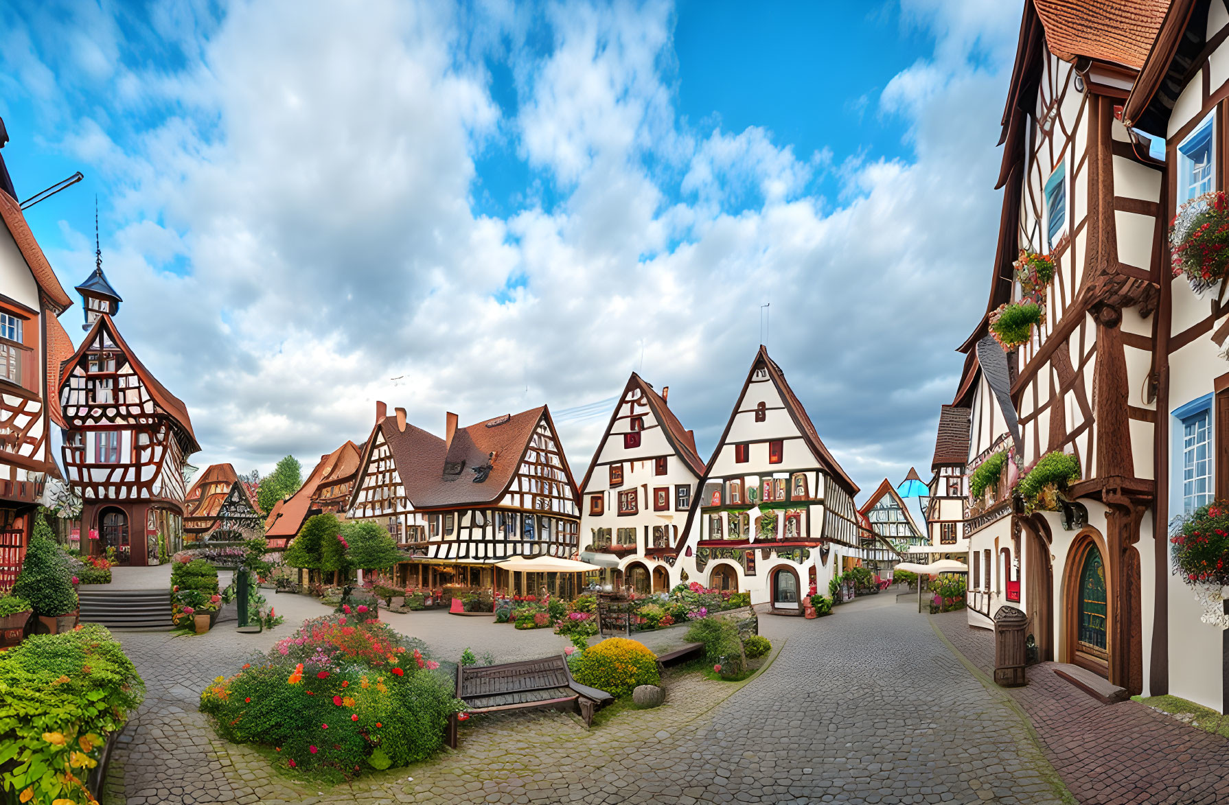 Picturesque European Village with Cobblestone Streets & Half-Timbered Houses