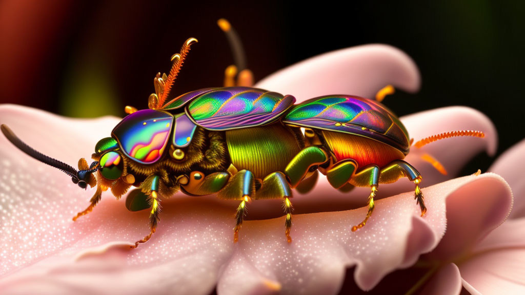 Colorful iridescent beetle on pink flower with intricate patterns