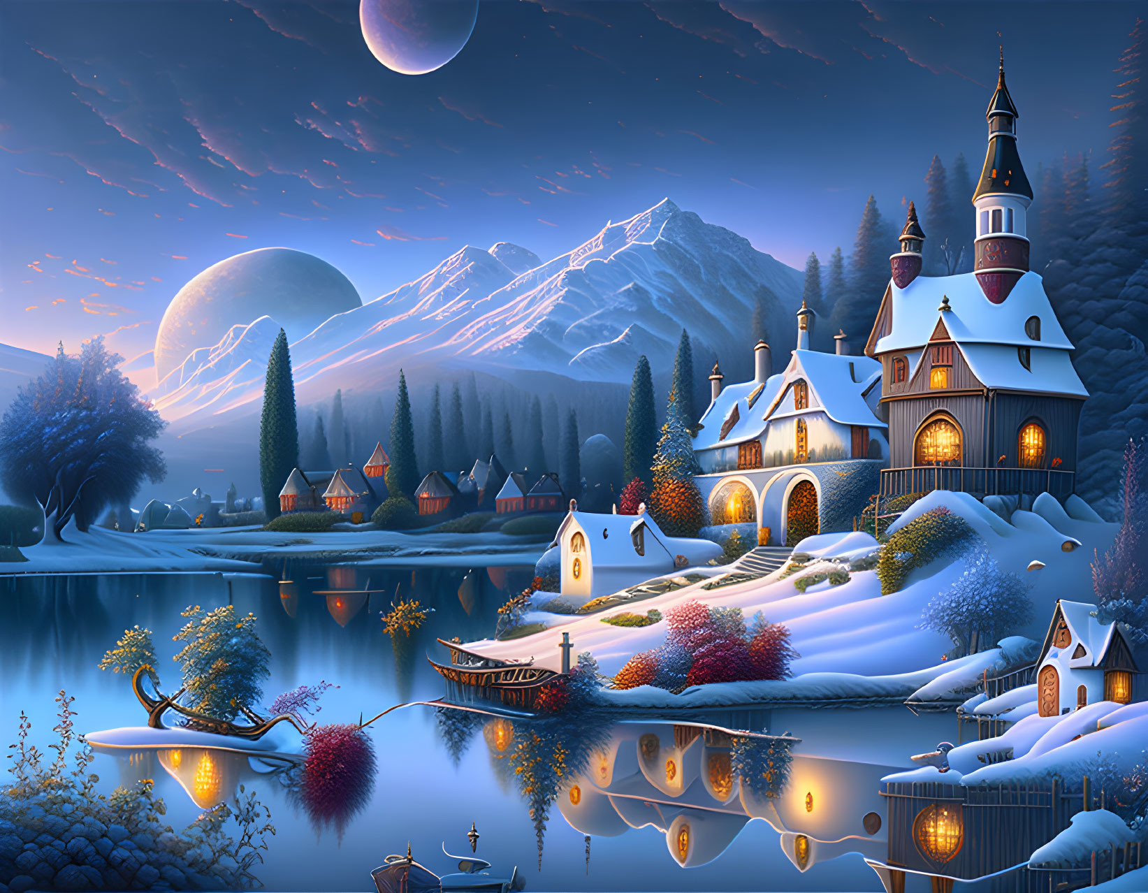 Snowy mountain lake night landscape with cozy cottages