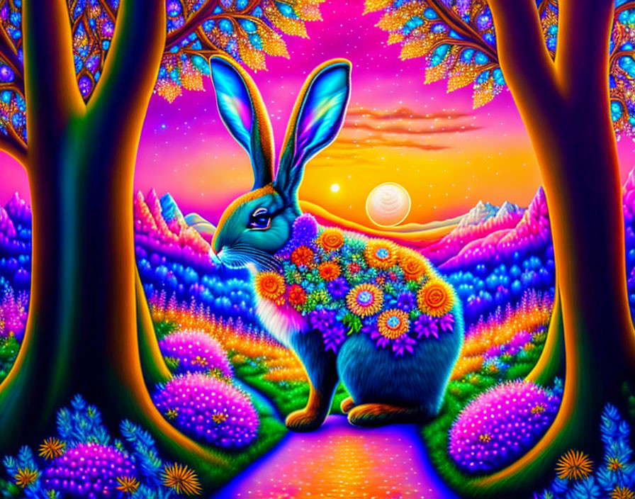 Colorful Psychedelic Blue Rabbit in Neon Landscape