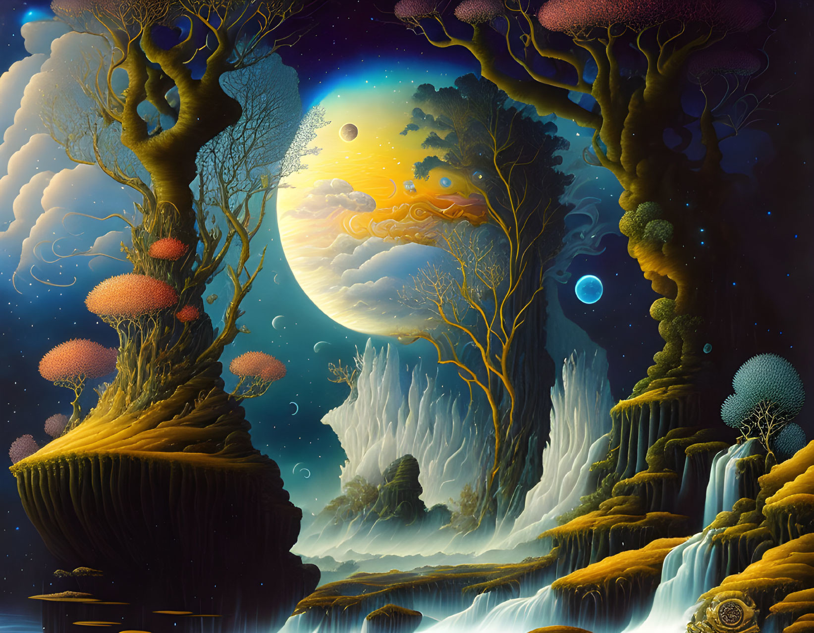 Fantastical landscape with lush trees, waterfalls, and a large moon