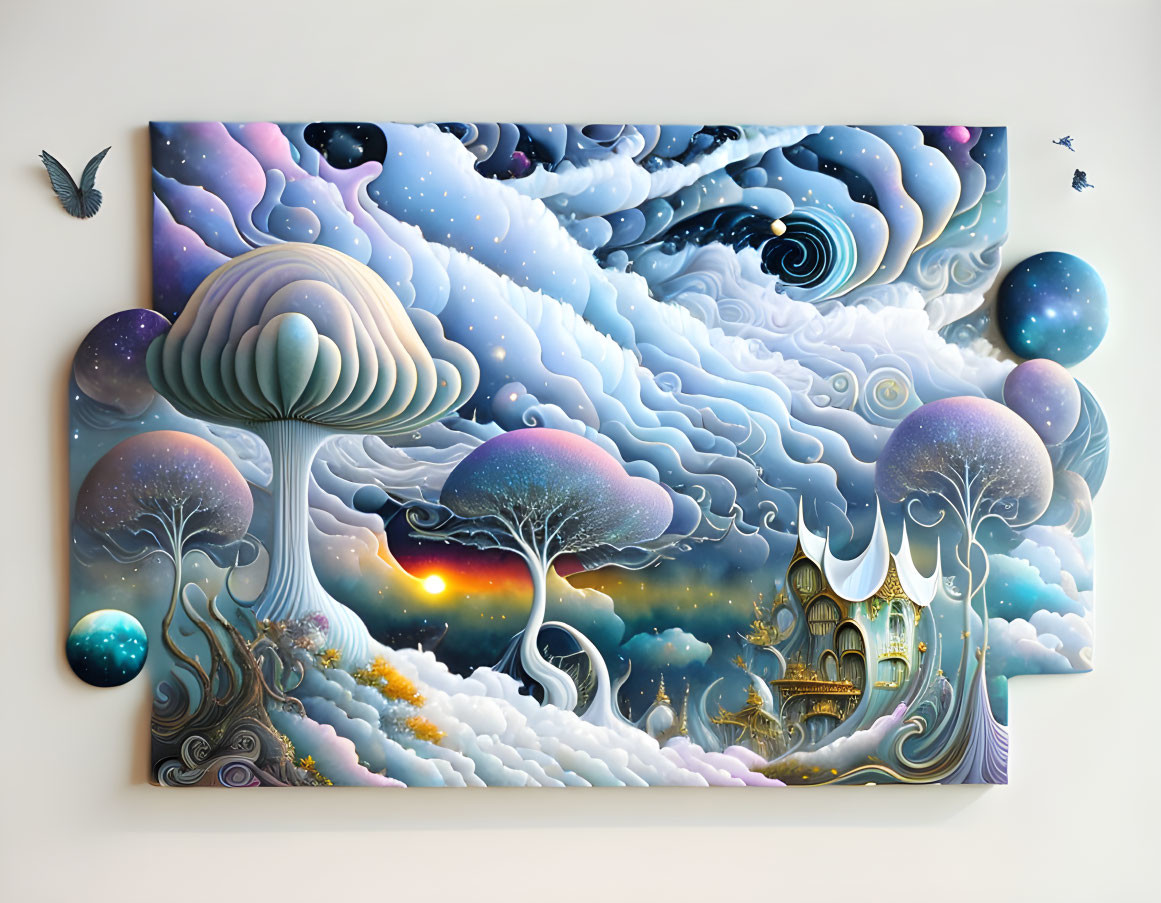 Whimsical painting of dreamy landscape with swirling clouds and floating castle