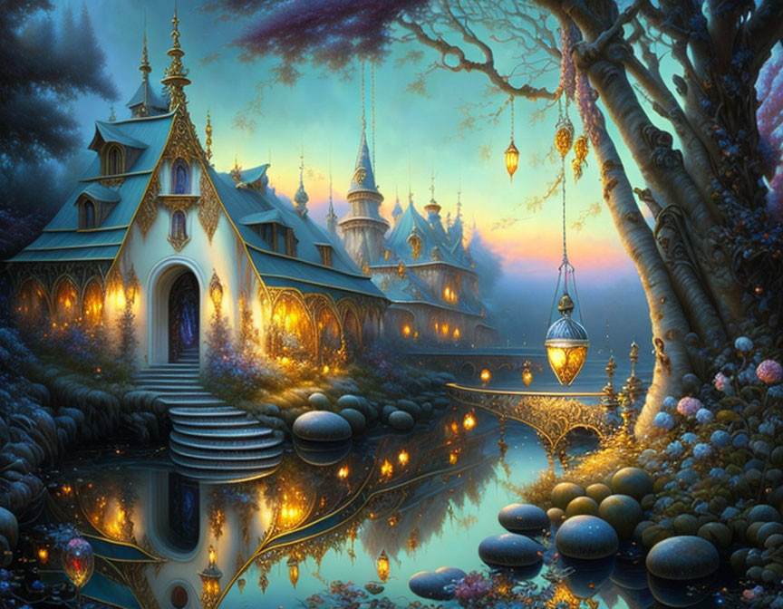 Enchanting fantasy landscape with palace, lanterns, pond, and magical tree