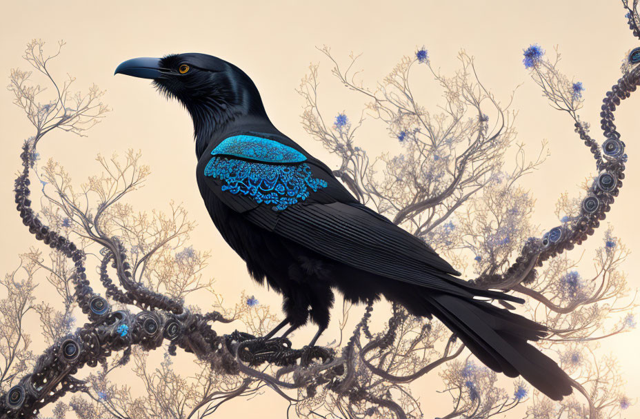 Detailed image of black raven with blue wing patch on tree branch in surreal mechanical design