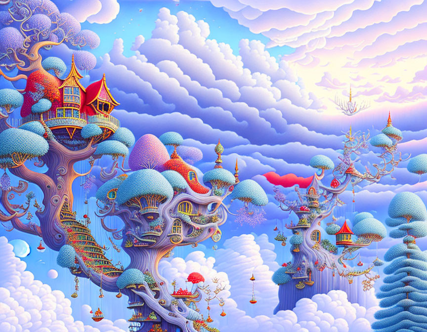 Colorful fantasy trees with intricate houses in whimsical artwork