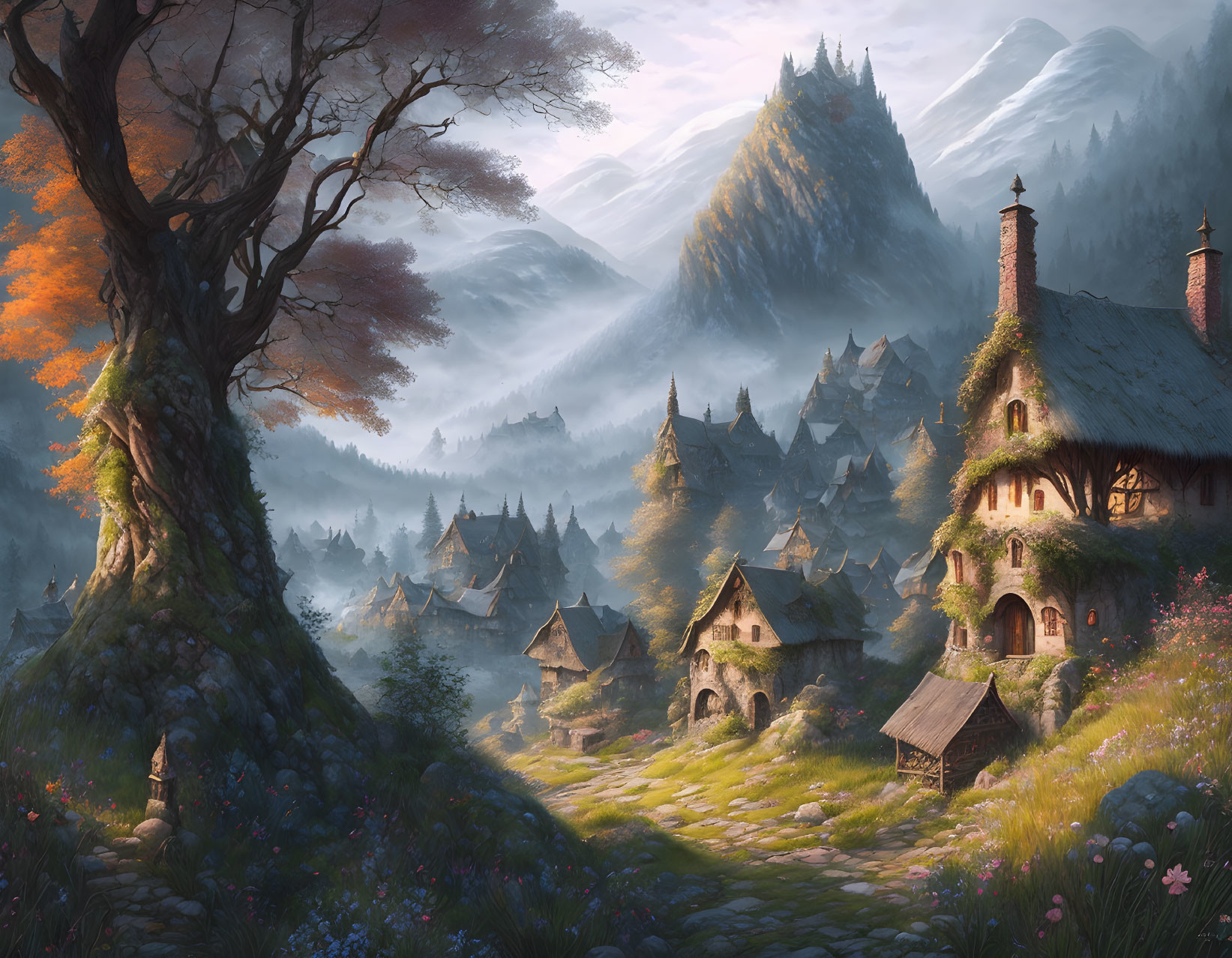 Scenic village with quaint houses, tree, and misty mountains at sunrise or sunset