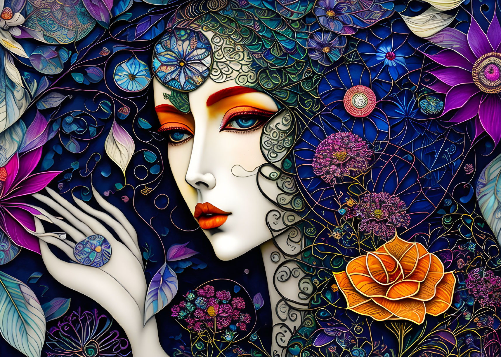 Colorful artwork of stylized woman with decorative patterns and flowers.