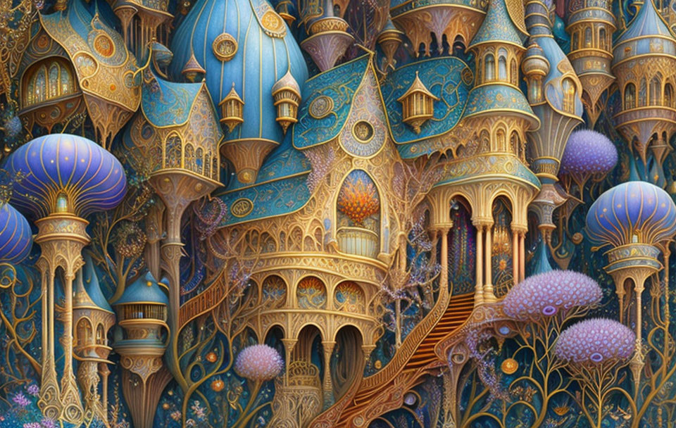 Colorful Fantasy Cityscape with Intricate Details and Whimsical Vegetation