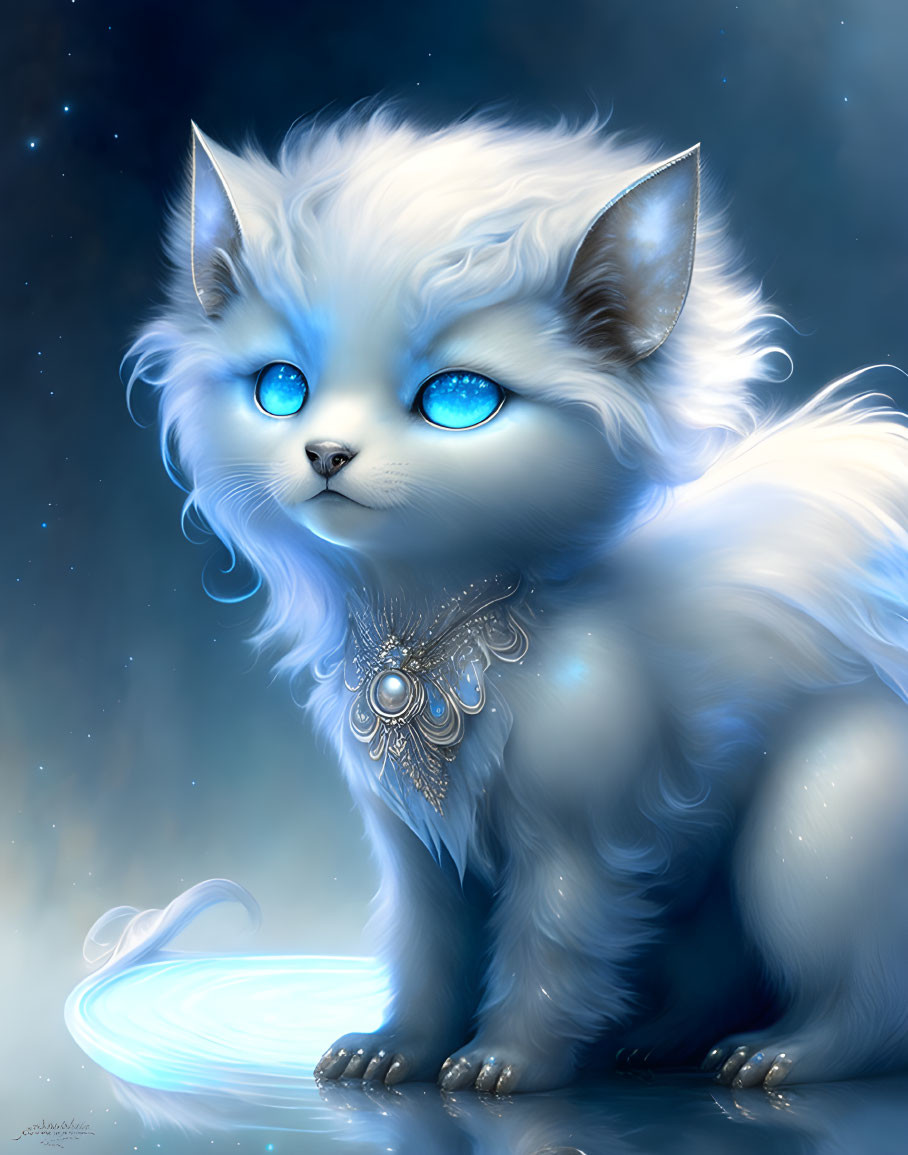 Fluffy white cat with blue eyes and silver chest piece on starry blue background