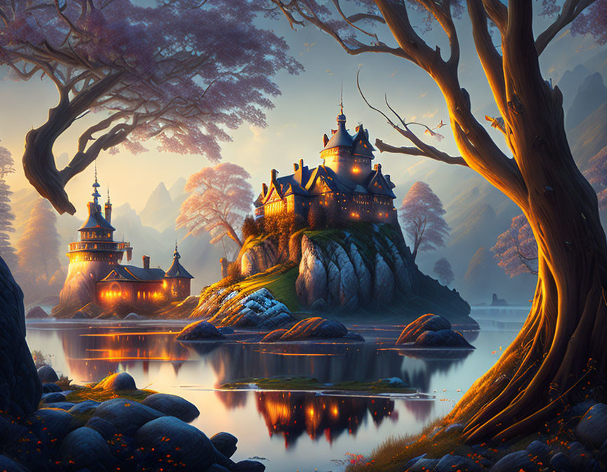 Enchanted castle in serene fantasy landscape