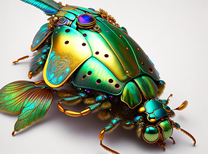 Colorful Digital Rendering of Mechanical Beetle with Gold and Jewel Embellishments