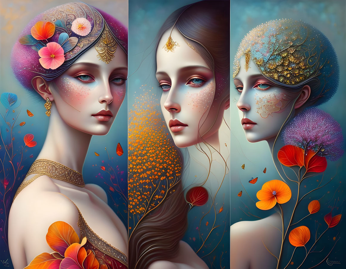 Stylized portraits of women with botanical motifs and serene expressions