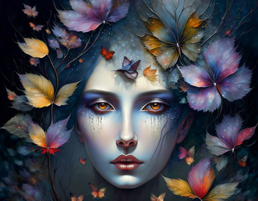 Colorful surreal portrait of a woman with leaves and butterflies on dark background