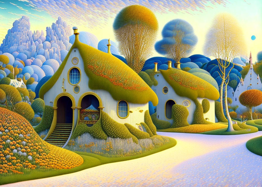 Whimsical fantasy landscape with colorful cottages and unique tree-like structures