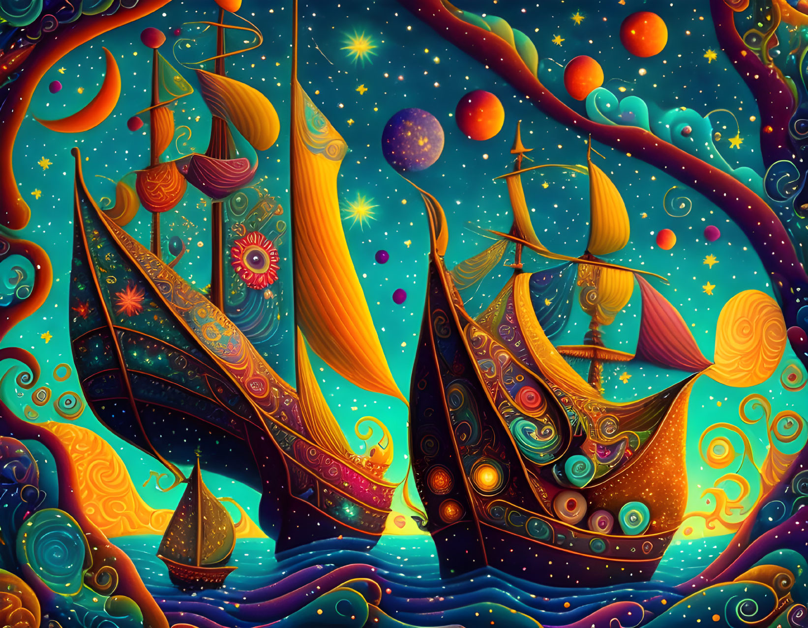 Whimsical artwork: Colorful ships on celestial background