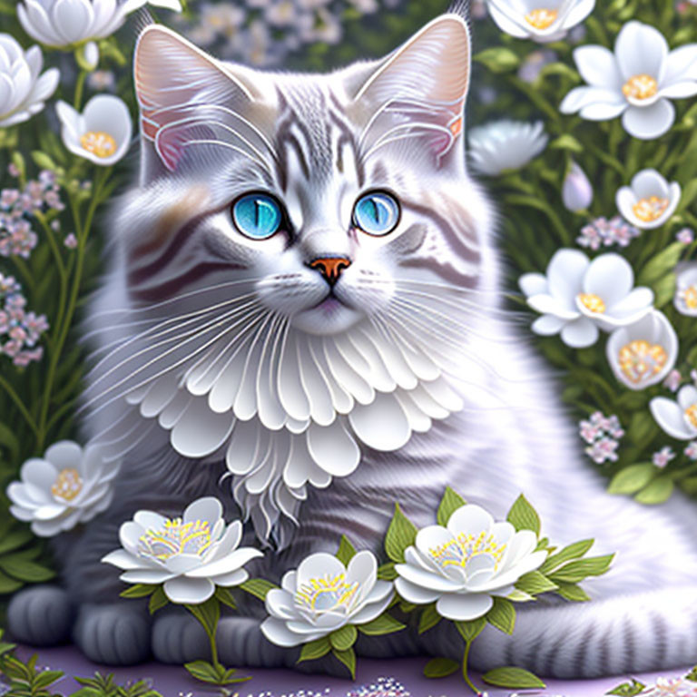 Detailed Illustration of Cat with Blue Eyes Surrounded by Flowers